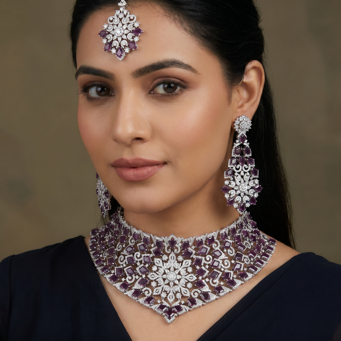 Arabesque Lattice Rhodium Choker with Rosette Medallion Centerpiece
