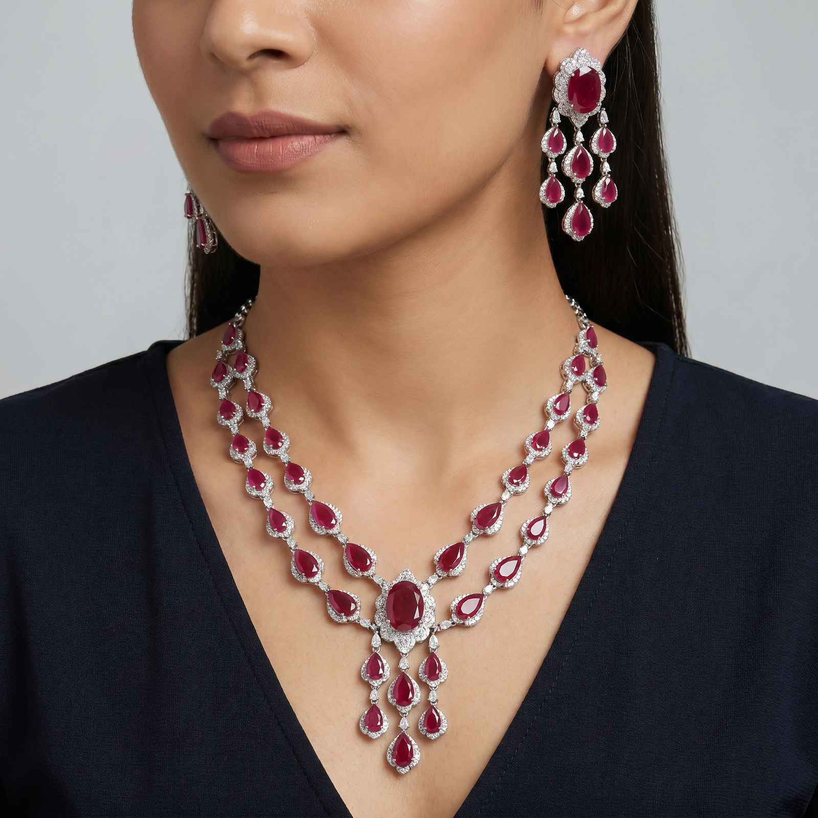 Festoon Halo Rhodium Necklace with Triple Drape Silhouette