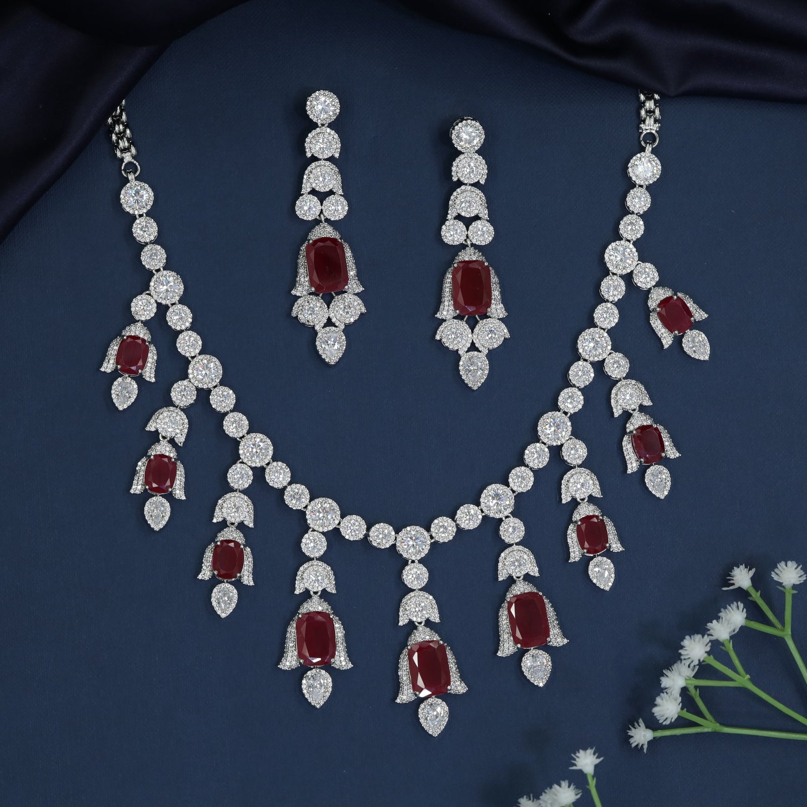 Bellflower Garland Rhodium Necklace with Festoon Collar Profile