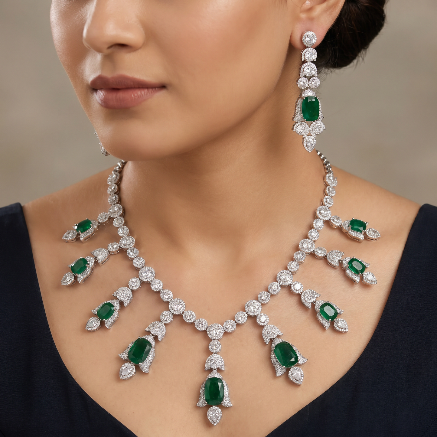 Bellflower Garland Rhodium Necklace with Festoon Collar Profile
