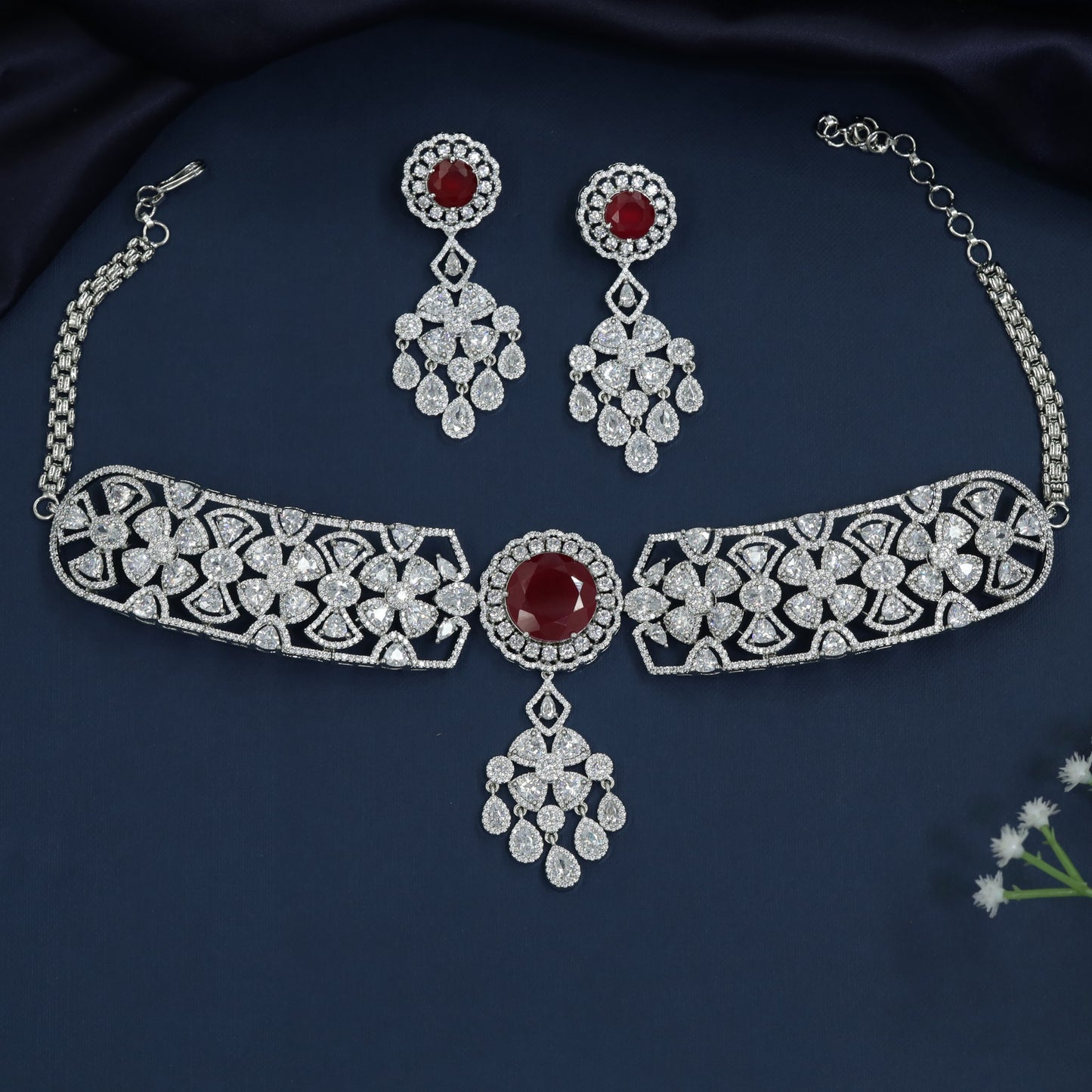 Rhodium Choker with Sculpted Rosette Links and Pendant Cascade