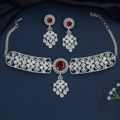 Rhodium Choker with Sculpted Rosette Links and Pendant Cascade