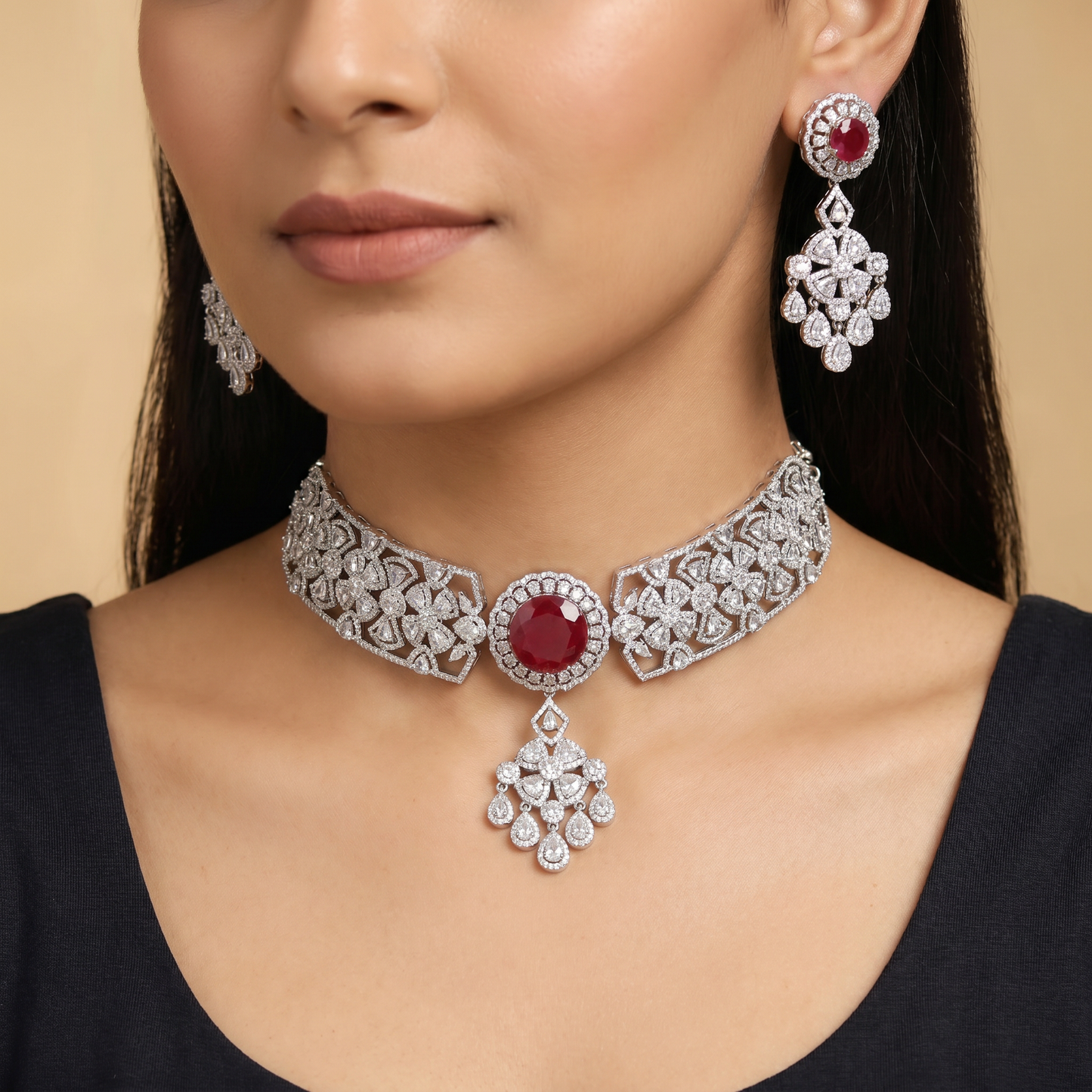 Rhodium Choker with Sculpted Rosette Links and Pendant Cascade