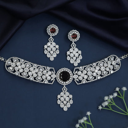 Rhodium Choker with Sculpted Rosette Links and Pendant Cascade