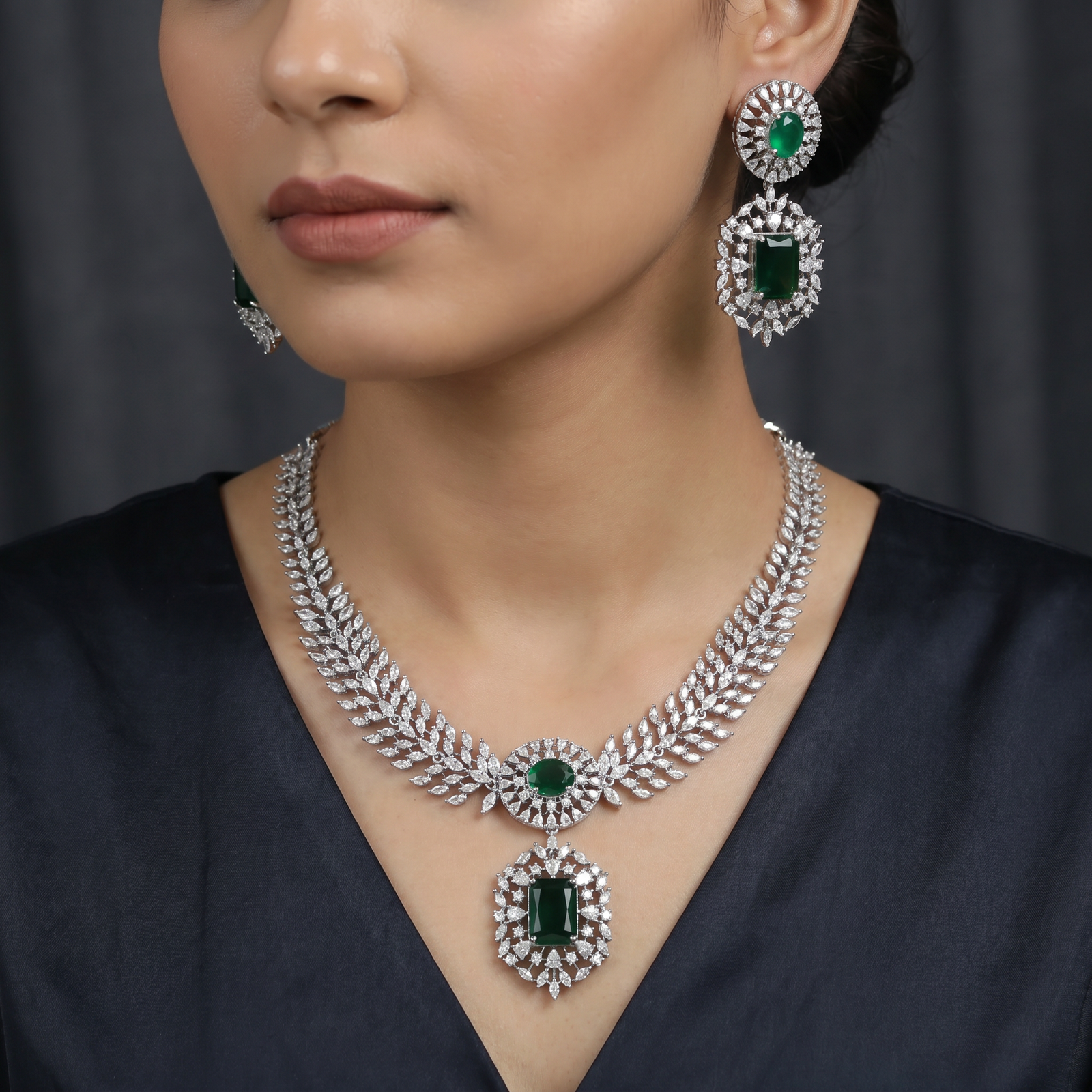 Rosette Crest Rhodium Necklace with Ornate Medallion Centerpiece