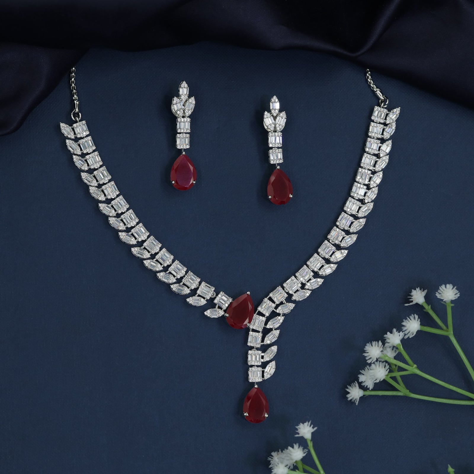 Contemporary Y-Drop Rhodium Necklace with Wheat Link Styling