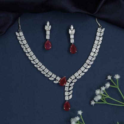 Contemporary Y-Drop Rhodium Necklace with Wheat Link Styling