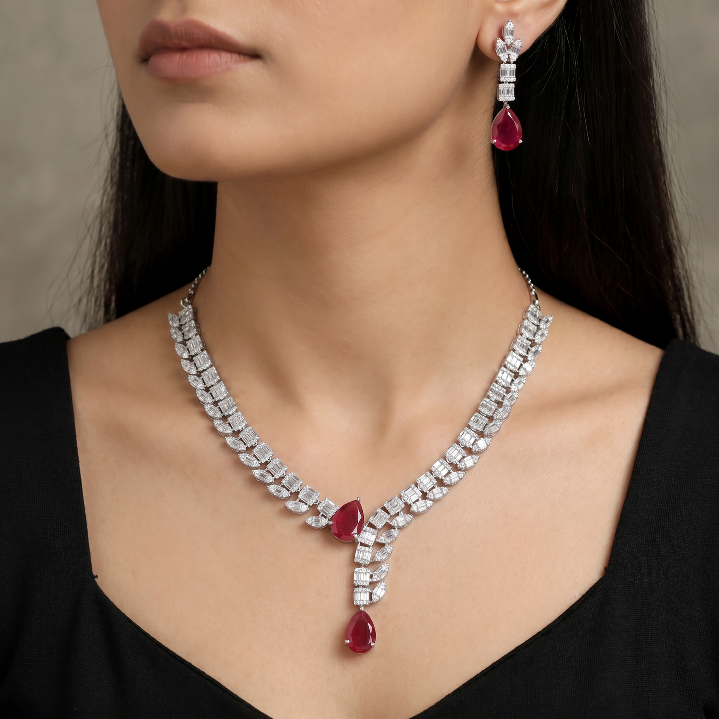 Contemporary Y-Drop Rhodium Necklace with Wheat Link Styling