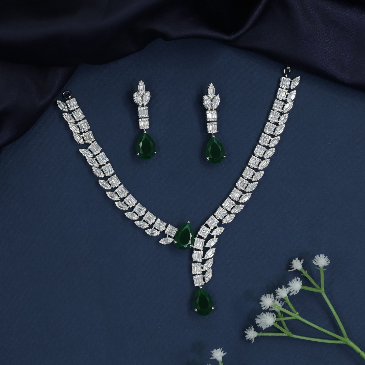 Contemporary Y-Drop Rhodium Necklace with Wheat Link Styling