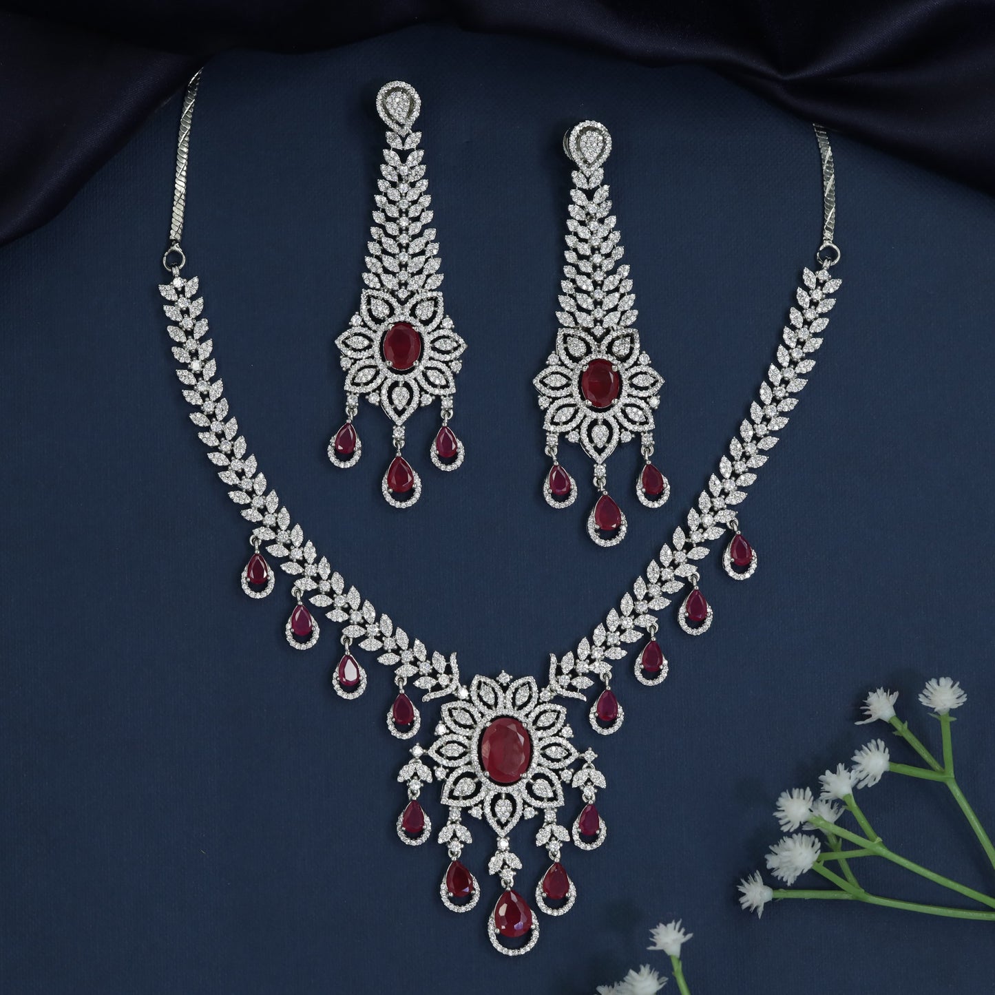 Chevron Trail Rhodium Necklace with Cascading Charm Fringe