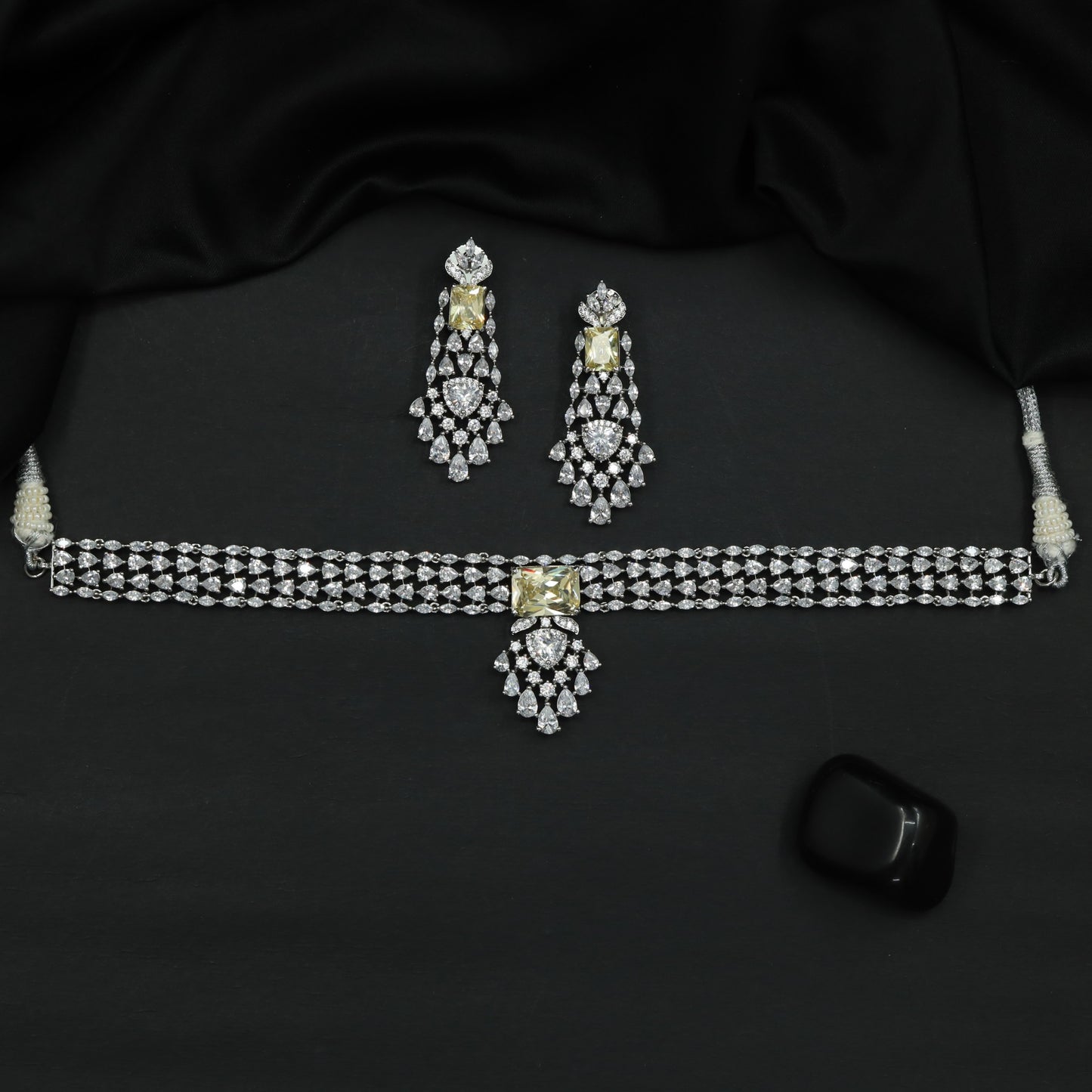 Contemporary Rhodium Choker Necklace with Matching Chandelier Earrings