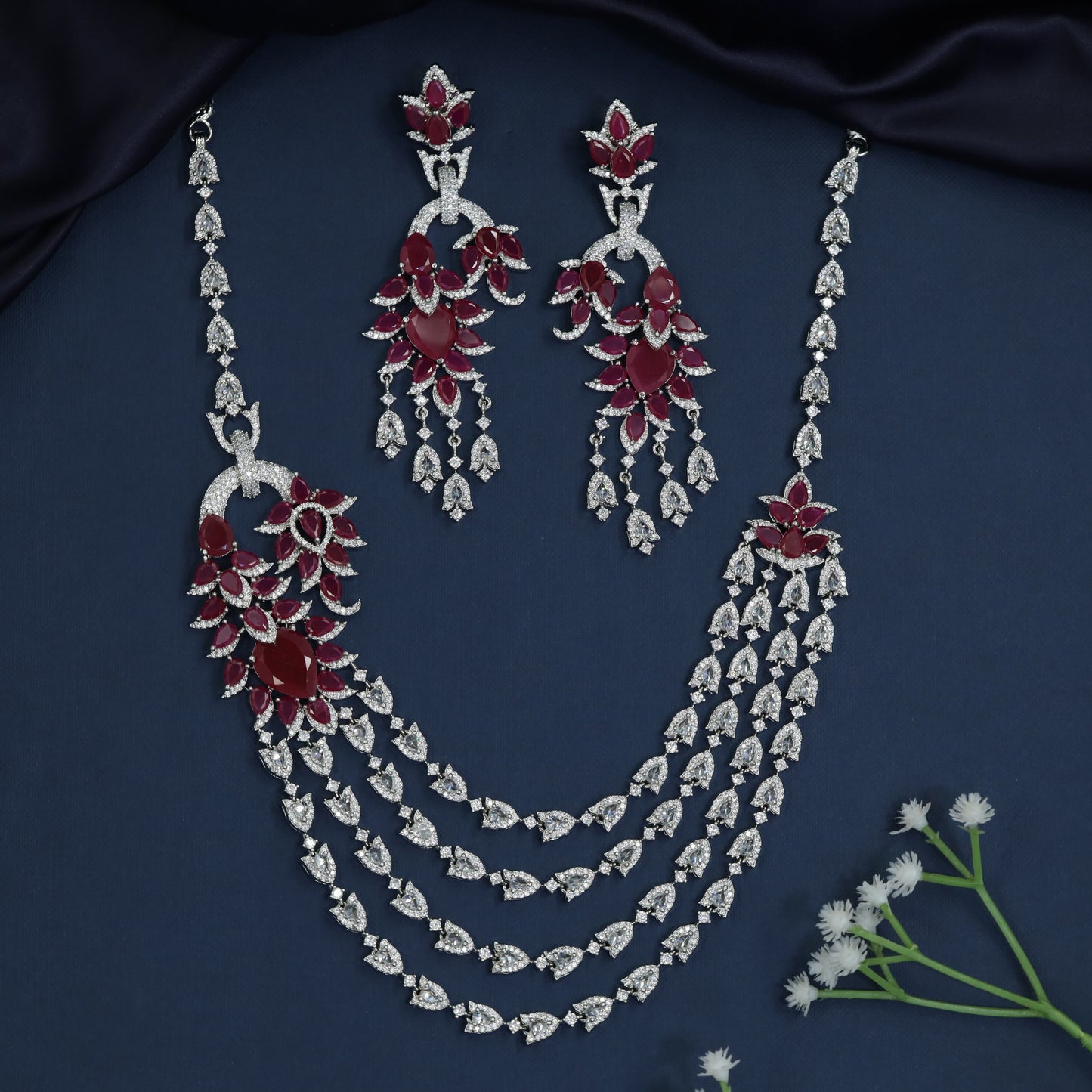 Rhodium Necklace with Floral Medallion Accents and Cascading Chains
