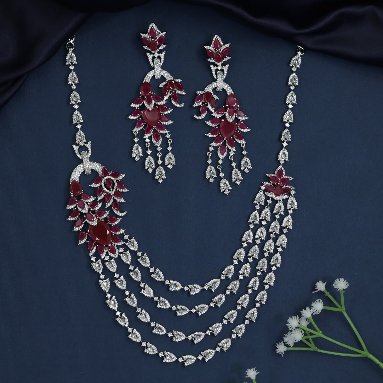 Rhodium Necklace with Floral Medallion Accents and Cascading Chains