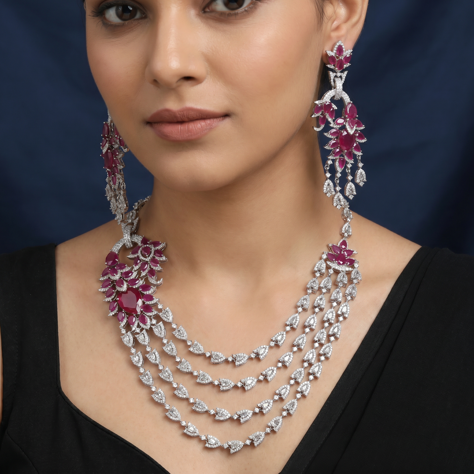 Rhodium Necklace with Floral Medallion Accents and Cascading Chains