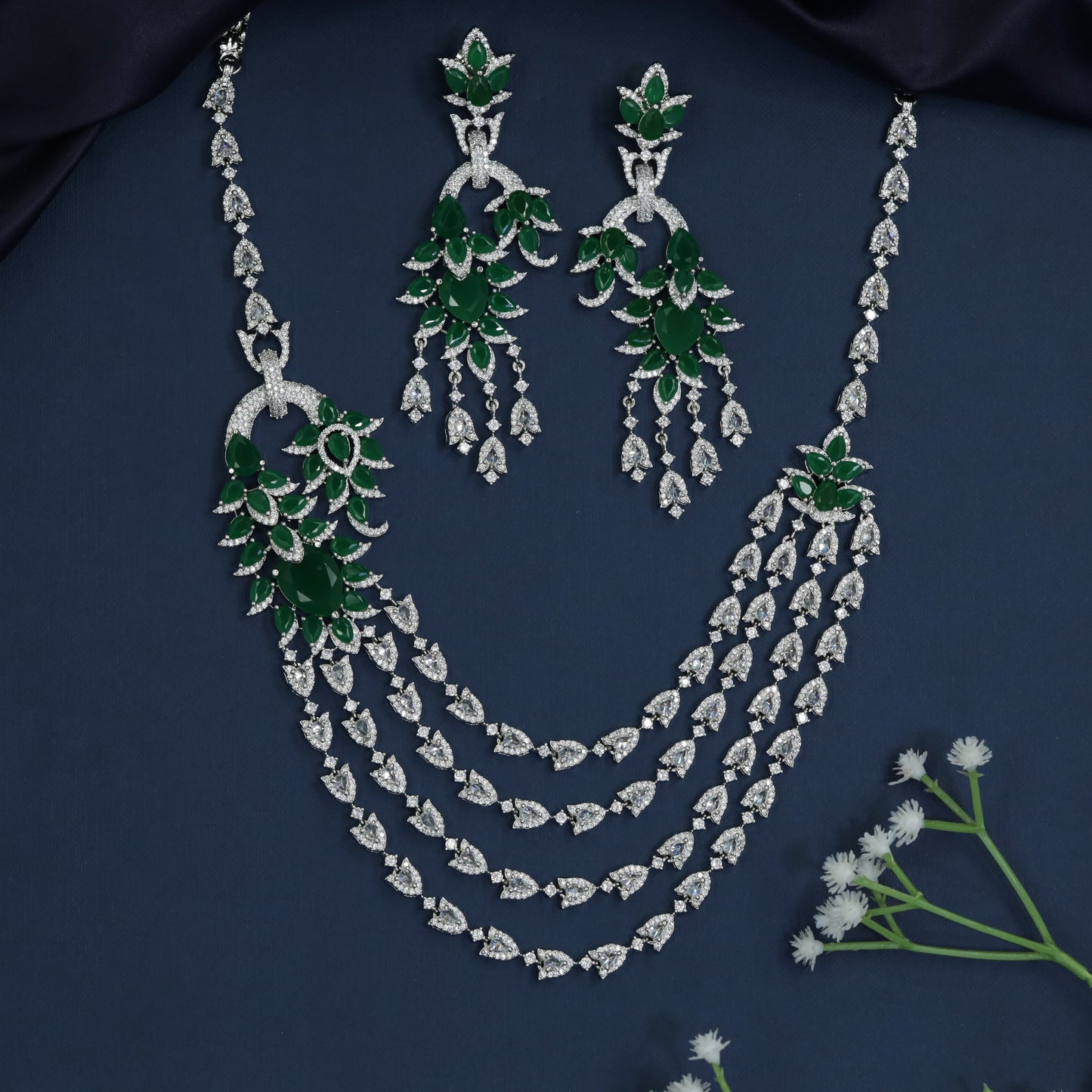 Rhodium Necklace with Floral Medallion Accents and Cascading Chains