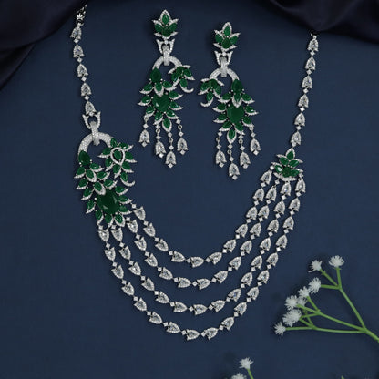 Rhodium Necklace with Floral Medallion Accents and Cascading Chains