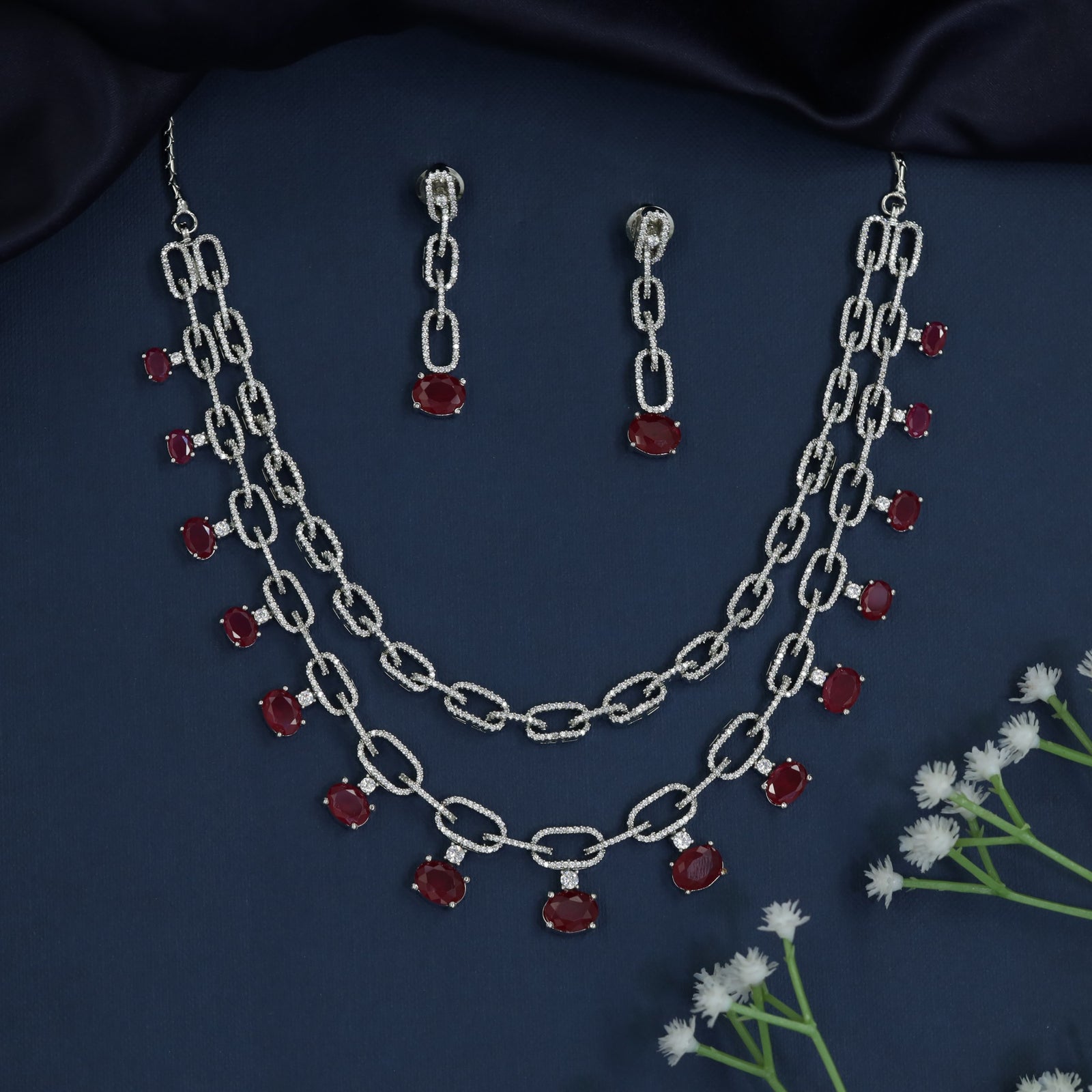 Double Chain Rhodium Necklace with Charm Drop Border