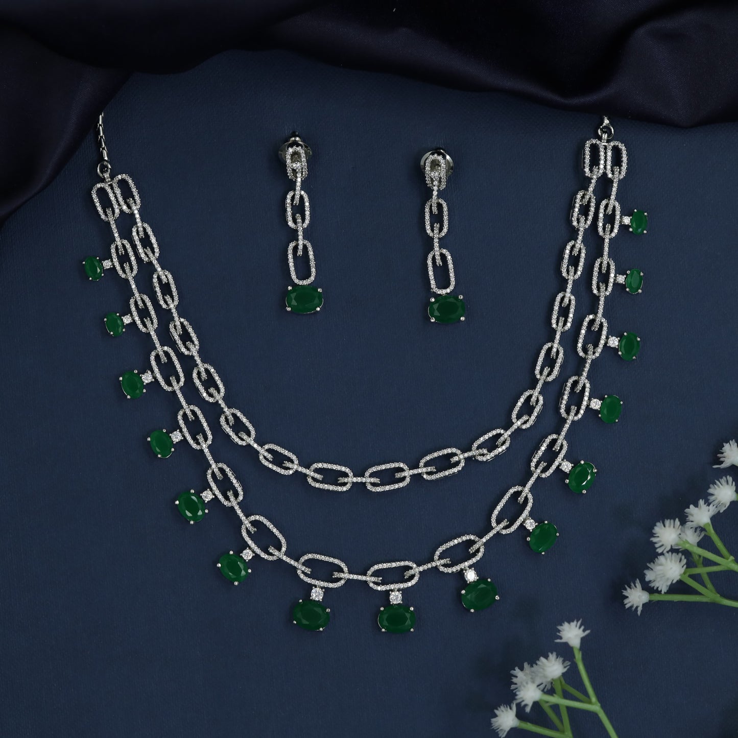 Double Chain Rhodium Necklace with Charm Drop Border