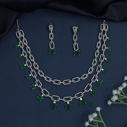 Double Chain Rhodium Necklace with Charm Drop Border