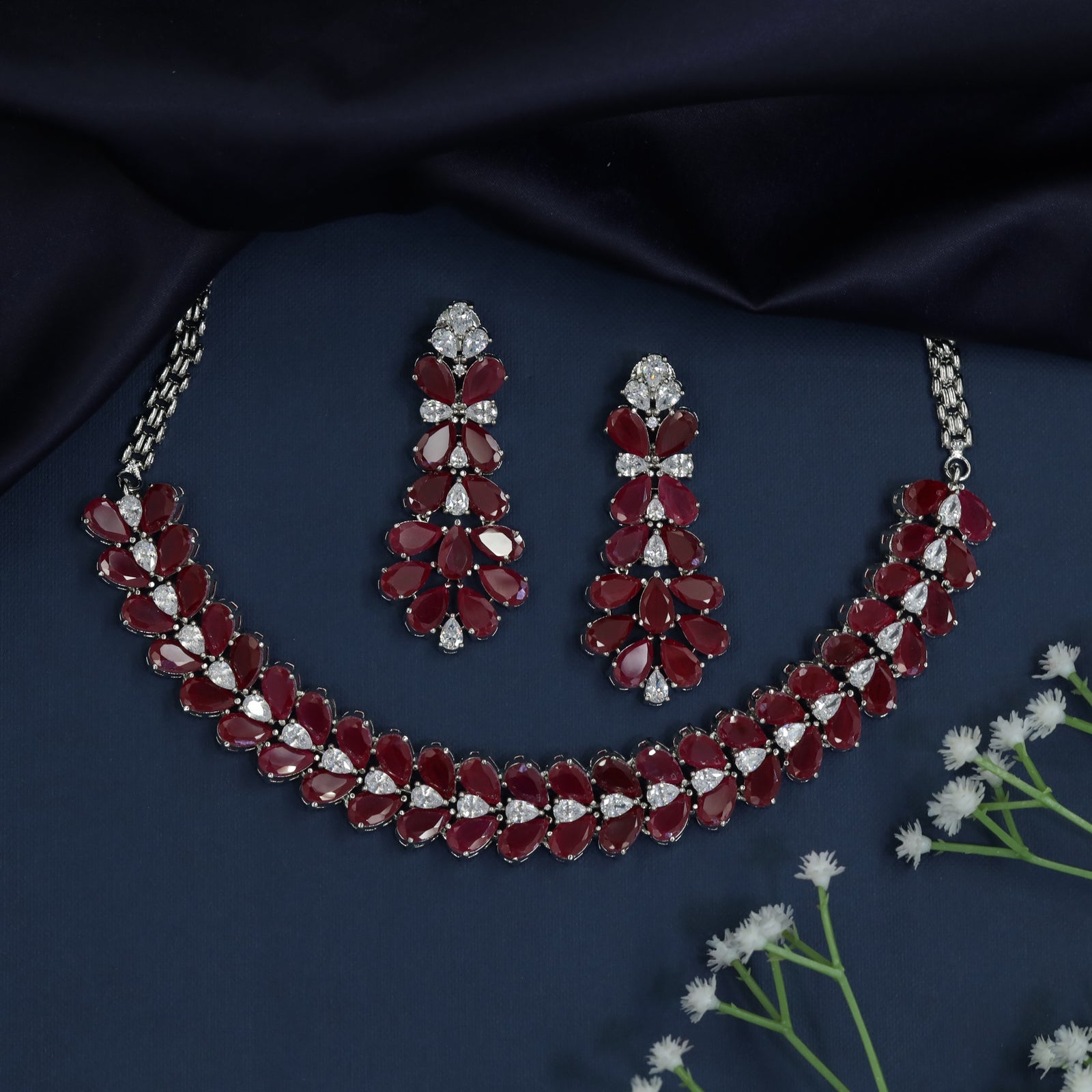 Petal Bloom Rhodium Necklace with Floral Cluster Collar Design