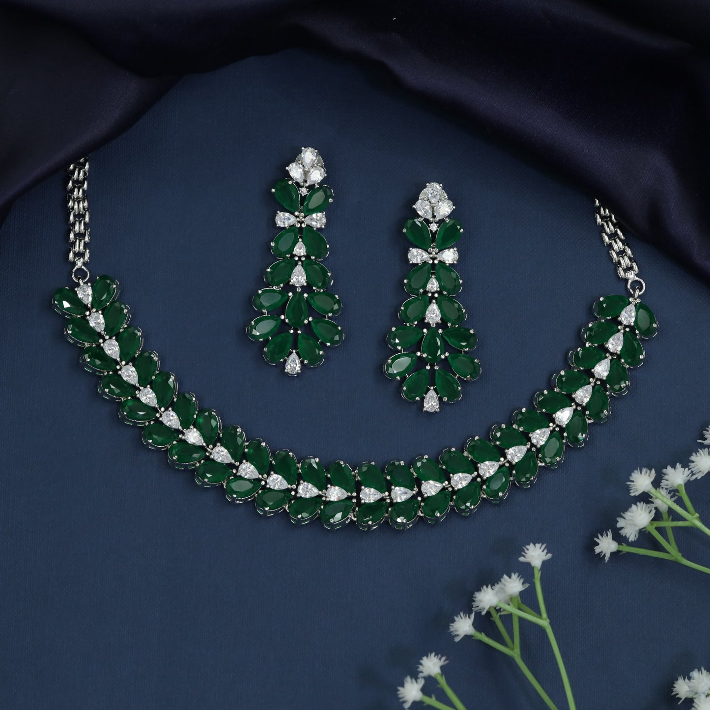 Petal Bloom Rhodium Necklace with Floral Cluster Collar Design