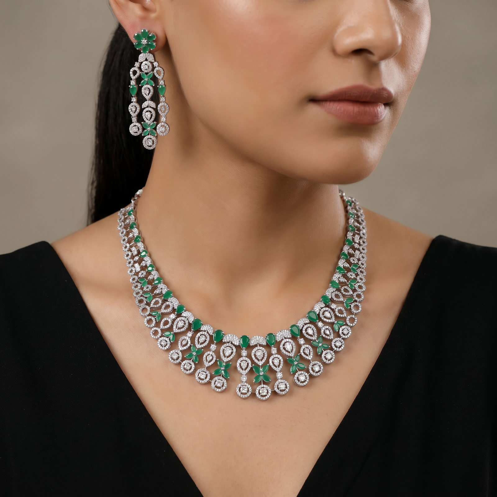 Designer necklace with floral links and drop accents