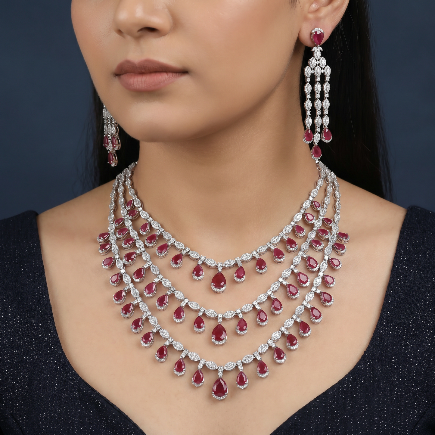 Triple drape pear drop necklace for weddings and grand occasions