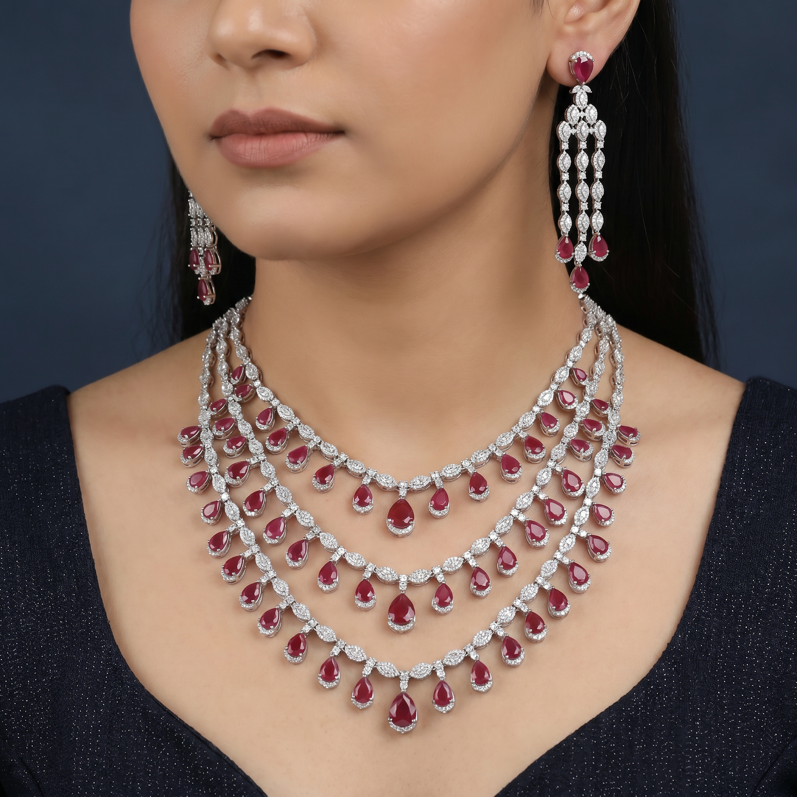 Triple drape pear drop necklace for weddings and grand occasions