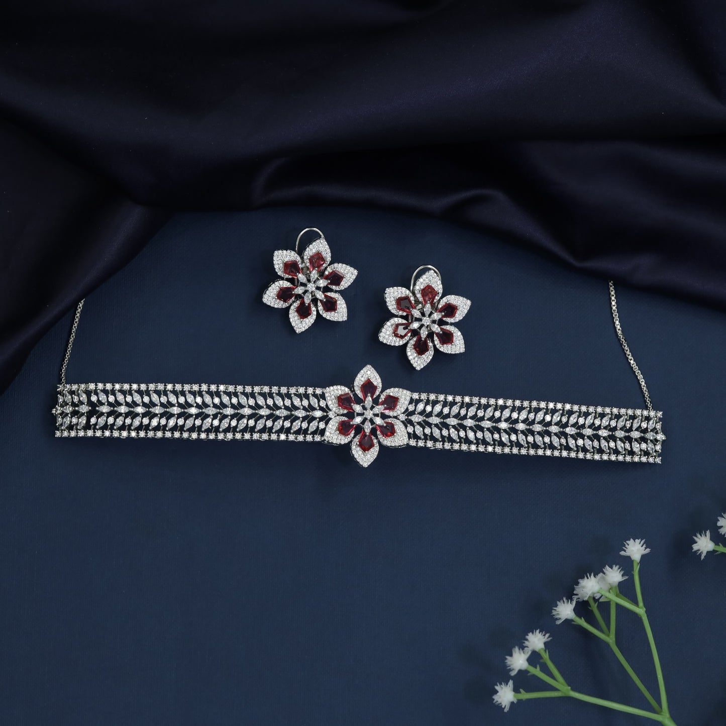 Floral centerpiece choker with multi row crystal bands