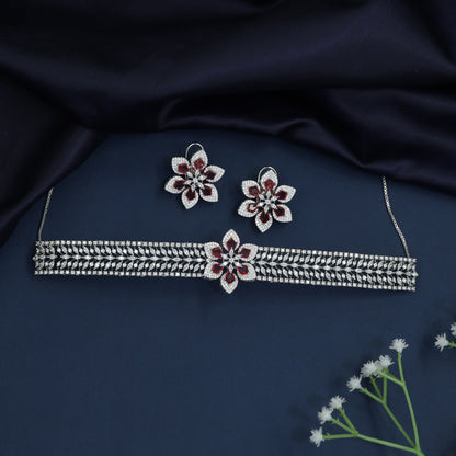 Floral centerpiece choker with multi row crystal bands