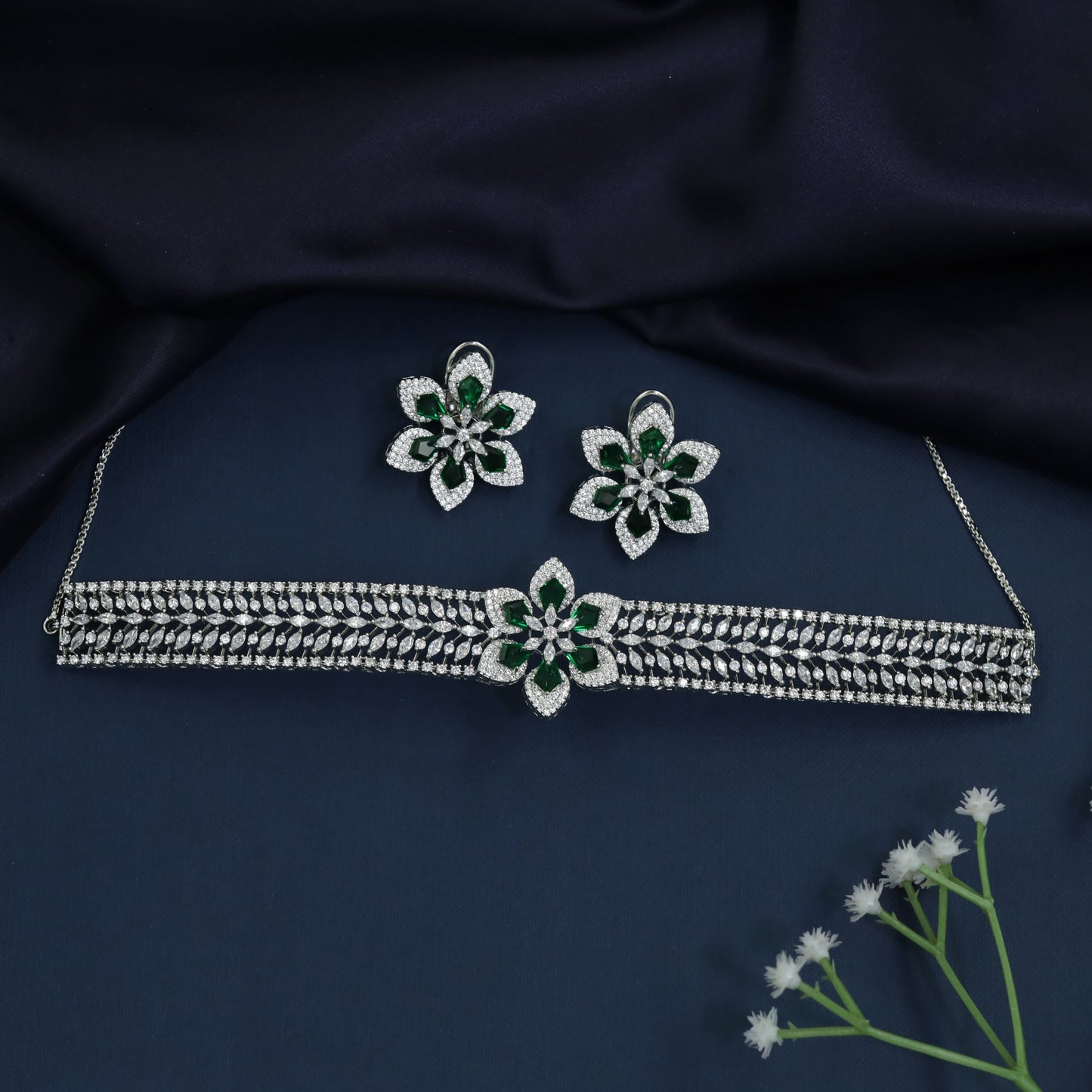 Floral centerpiece choker with multi row crystal bands