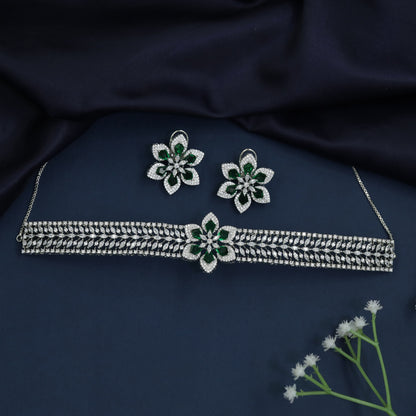 Floral Choker Set with Multi-Row Semi-Precious Zircon Bands
