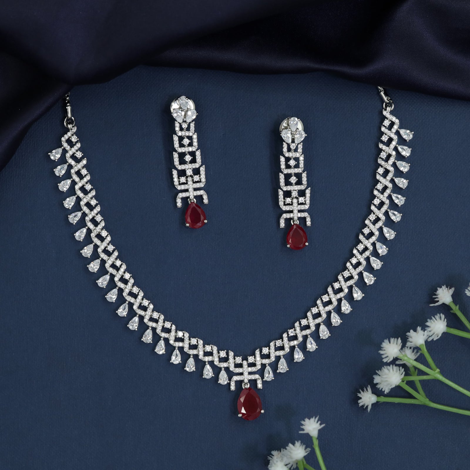 Greek key necklace with teardrop fringe detailing