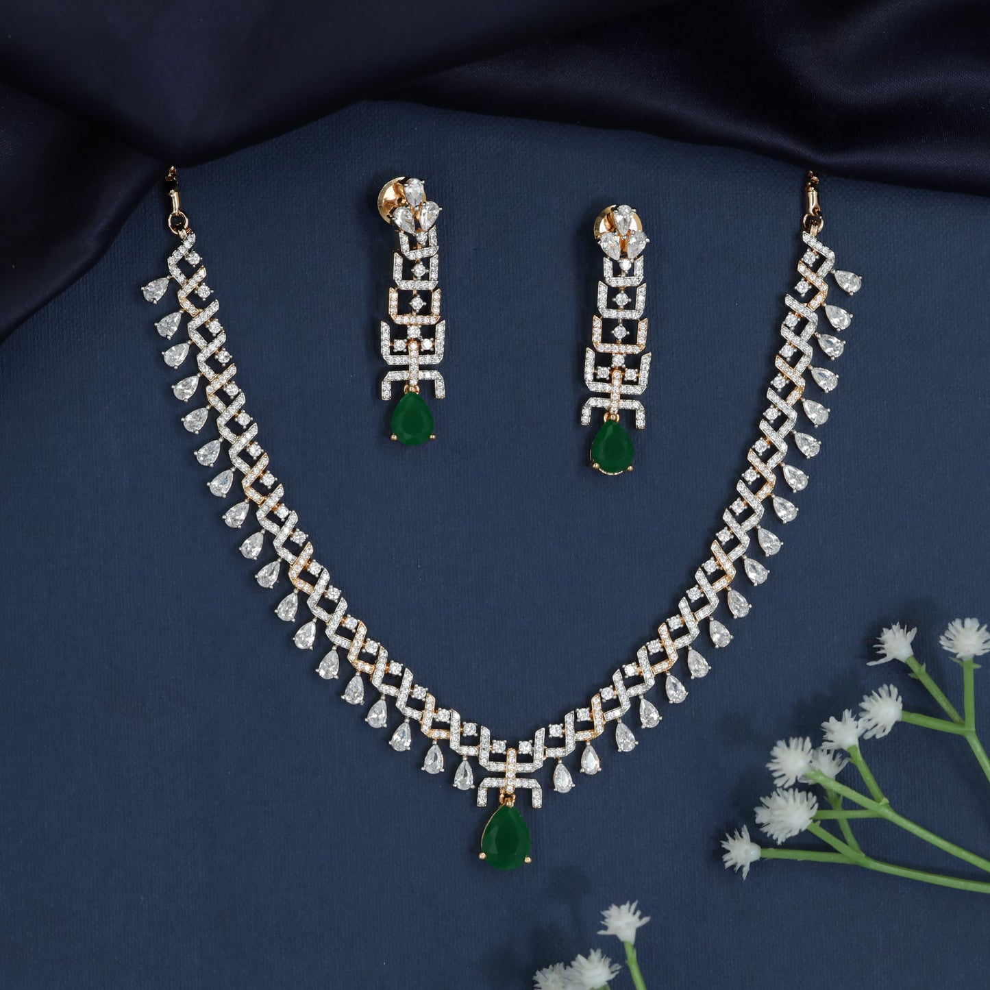 Greek key necklace with teardrop fringe detailing