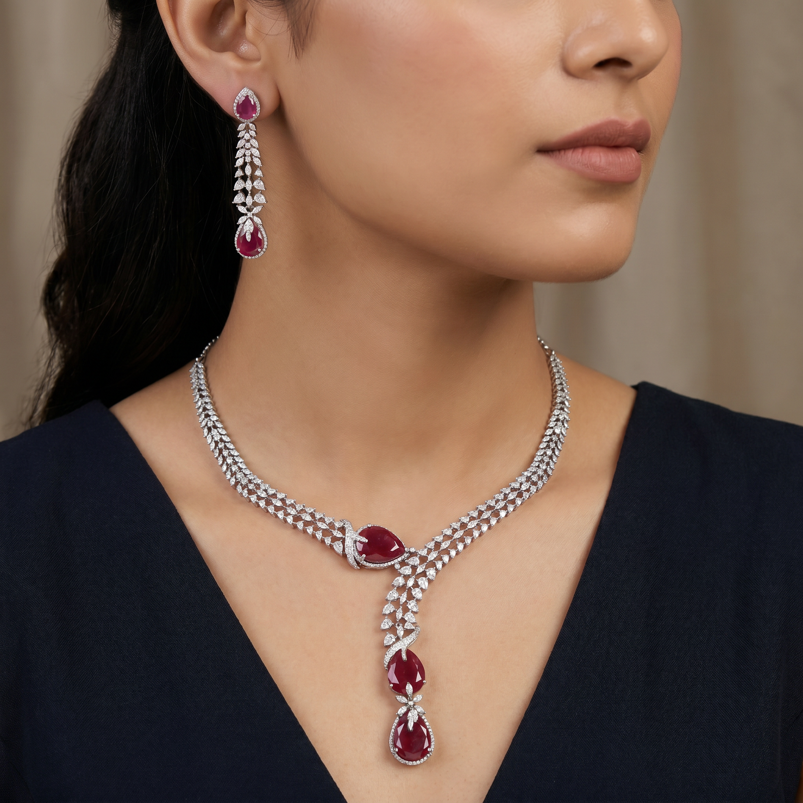 Statement necklace with woven link collar and drop centerpiece