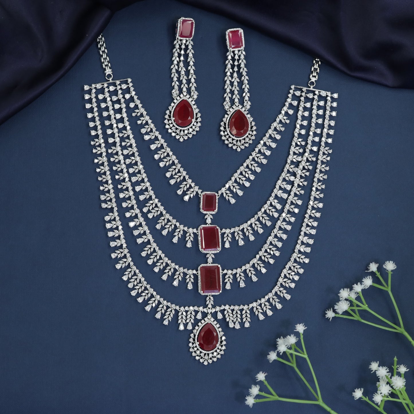Necklace with Cascading Fringe Layers and Statement Drop Centerpiece