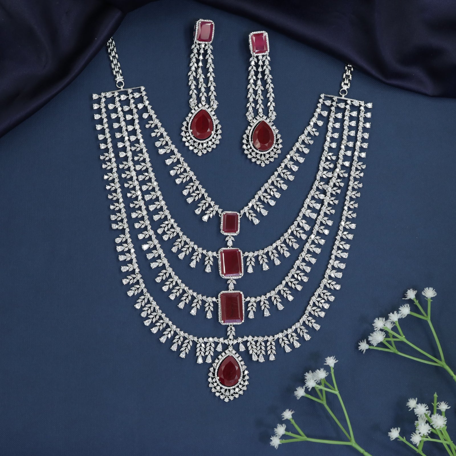 Necklace with Cascading Fringe Layers and Statement Drop Centerpiece