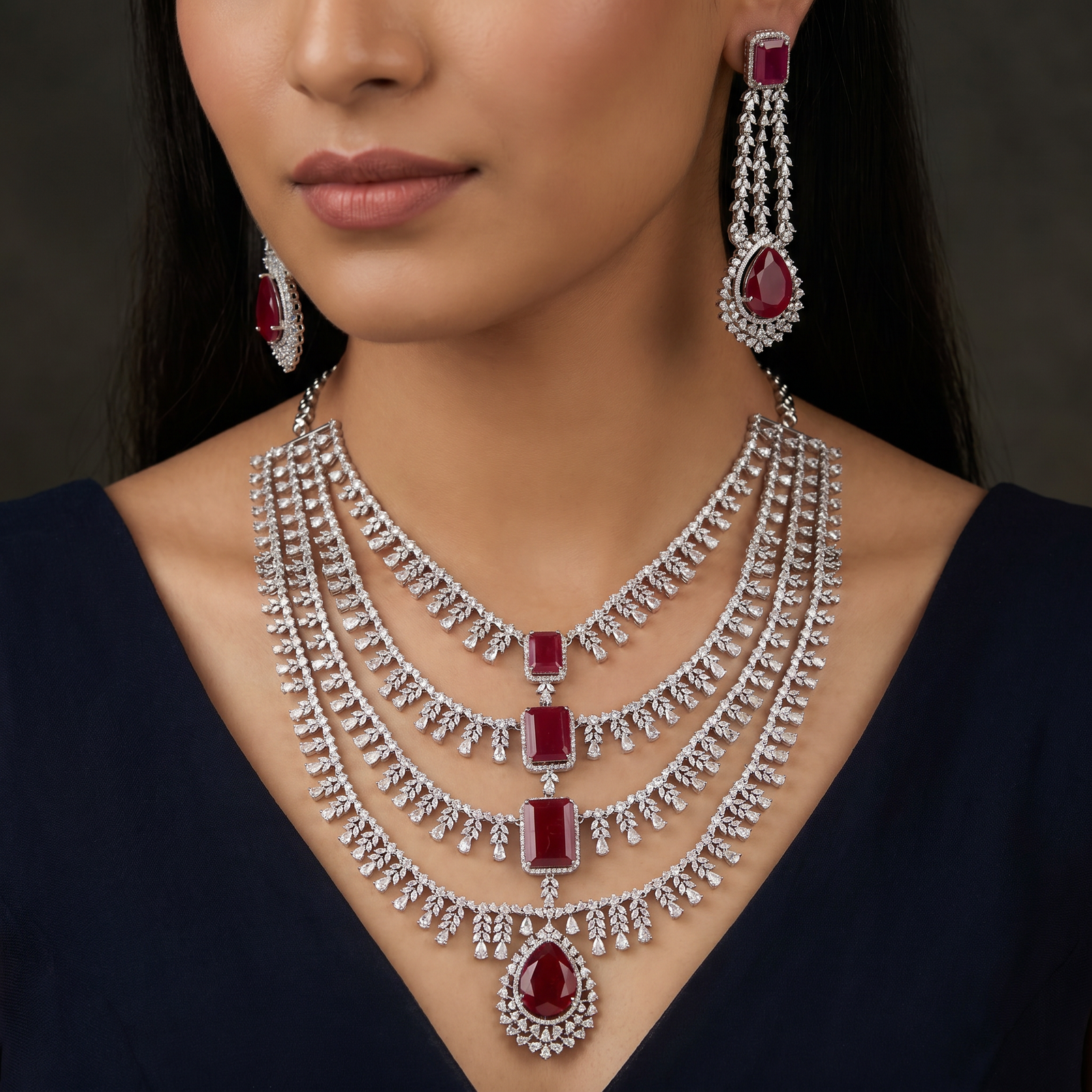 Necklace with Cascading Fringe Layers and Statement Drop Centerpiece