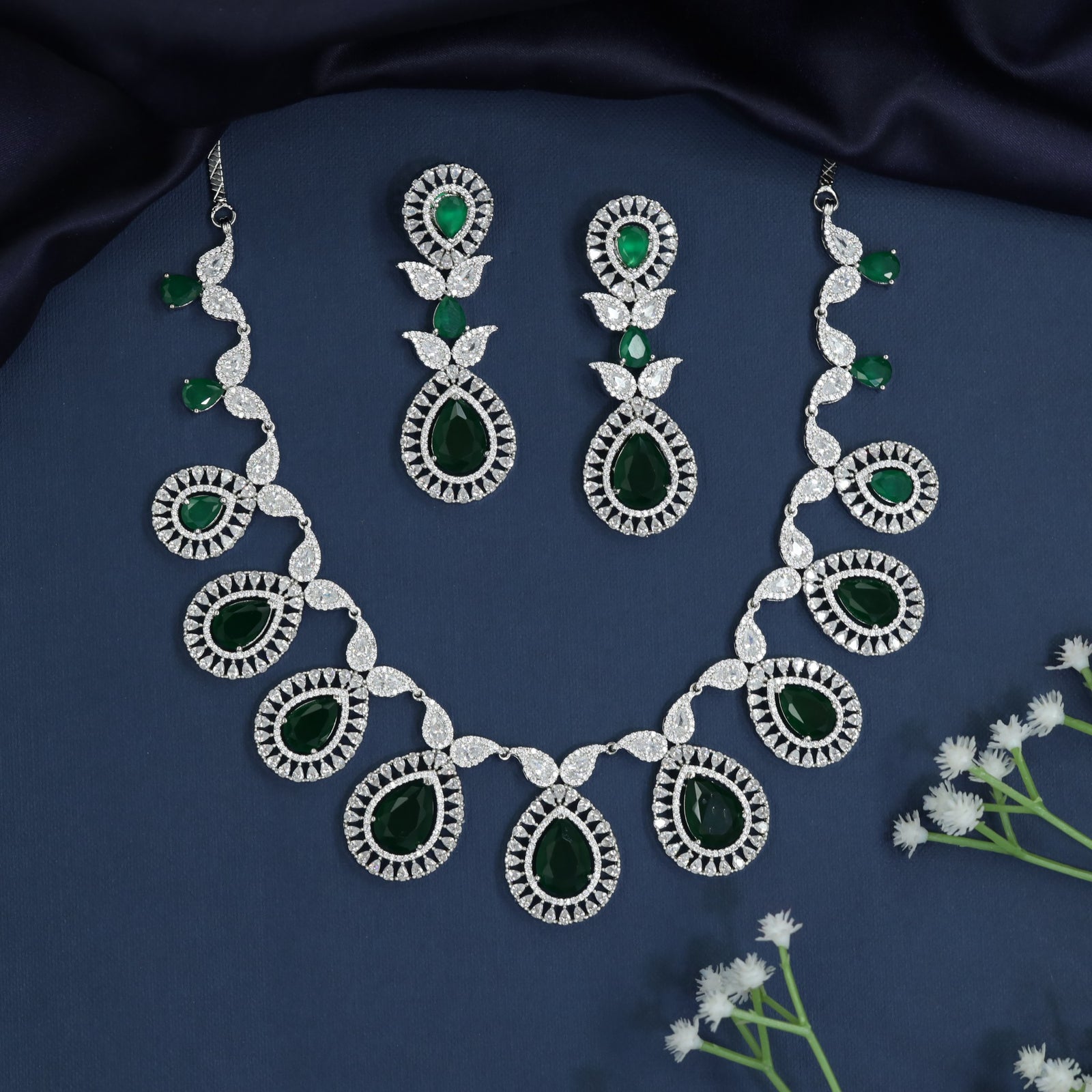 Necklace with Rosette Inspired Links and Halo Teardrop Arrangement
