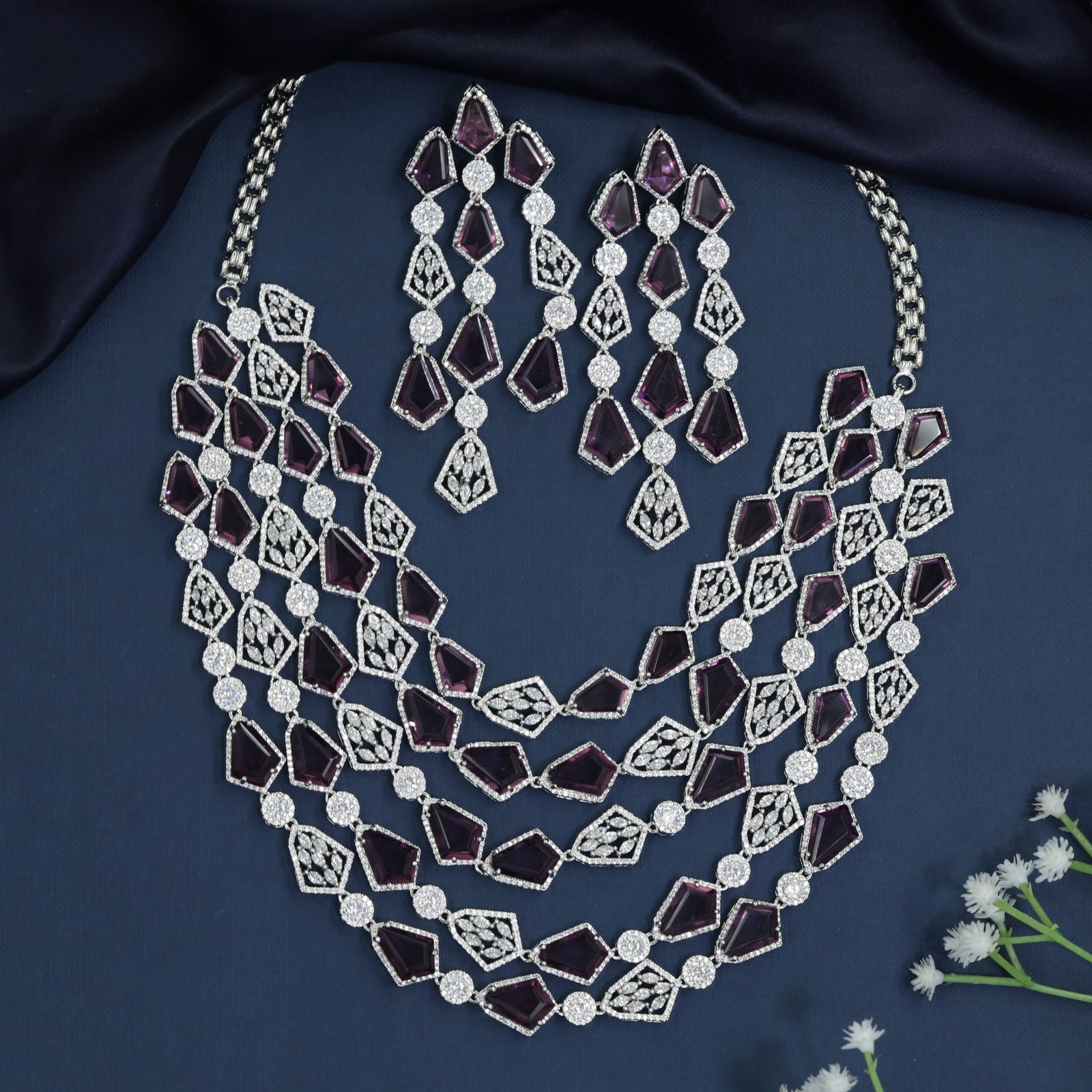 Necklace with Geometric Stations and Layered Festoon Profile