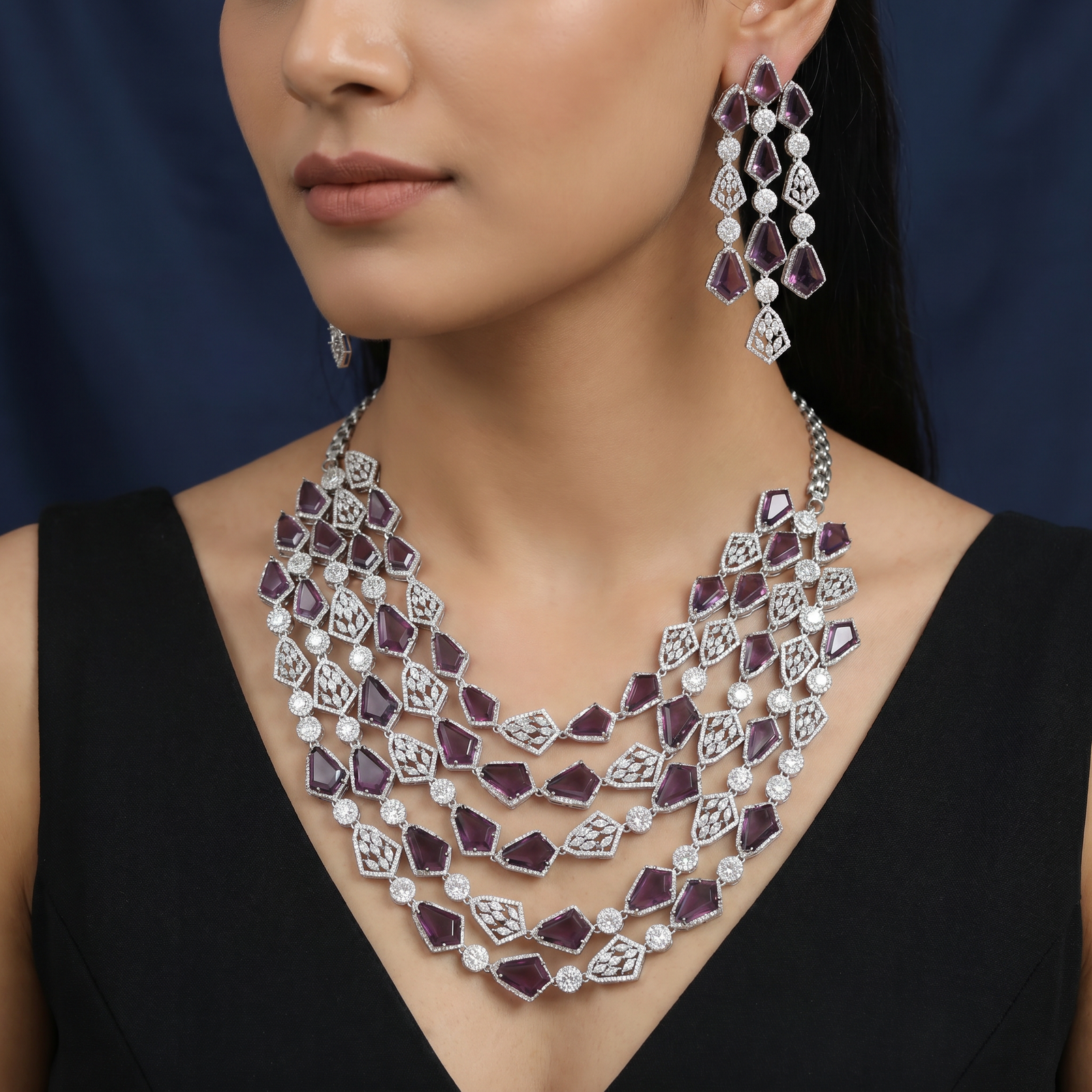 Necklace with Geometric Stations and Layered Festoon Profile