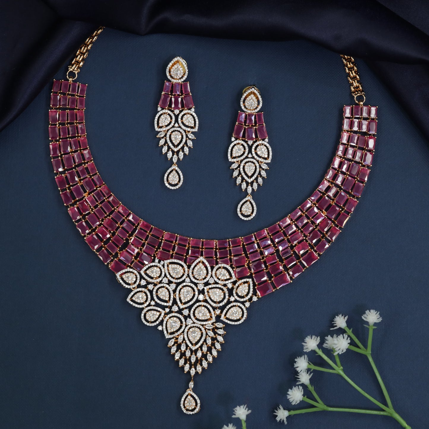 Necklace with Geometric Panel Arrangement and Halo Centerpiece