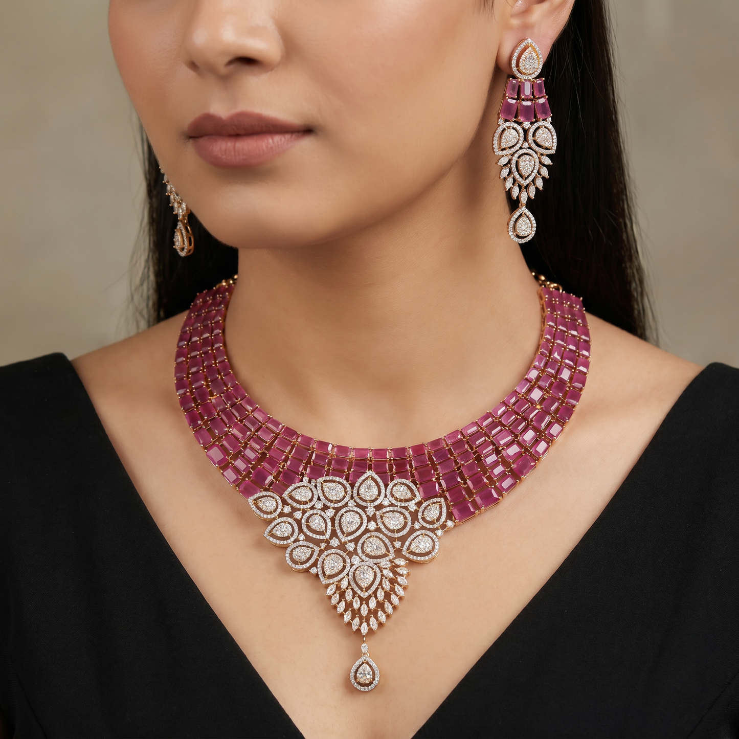 Necklace with Geometric Panel Arrangement and Halo Centerpiece
