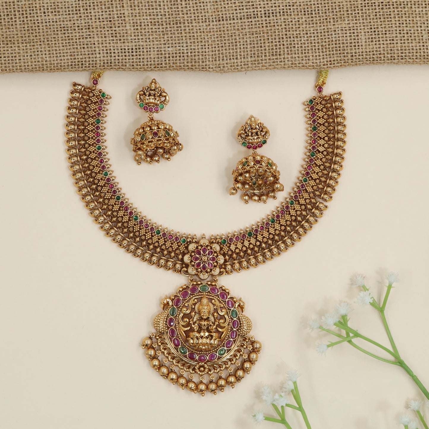 Grand Antique Necklace with Lakshmi Pendant and Heritage Detailing
