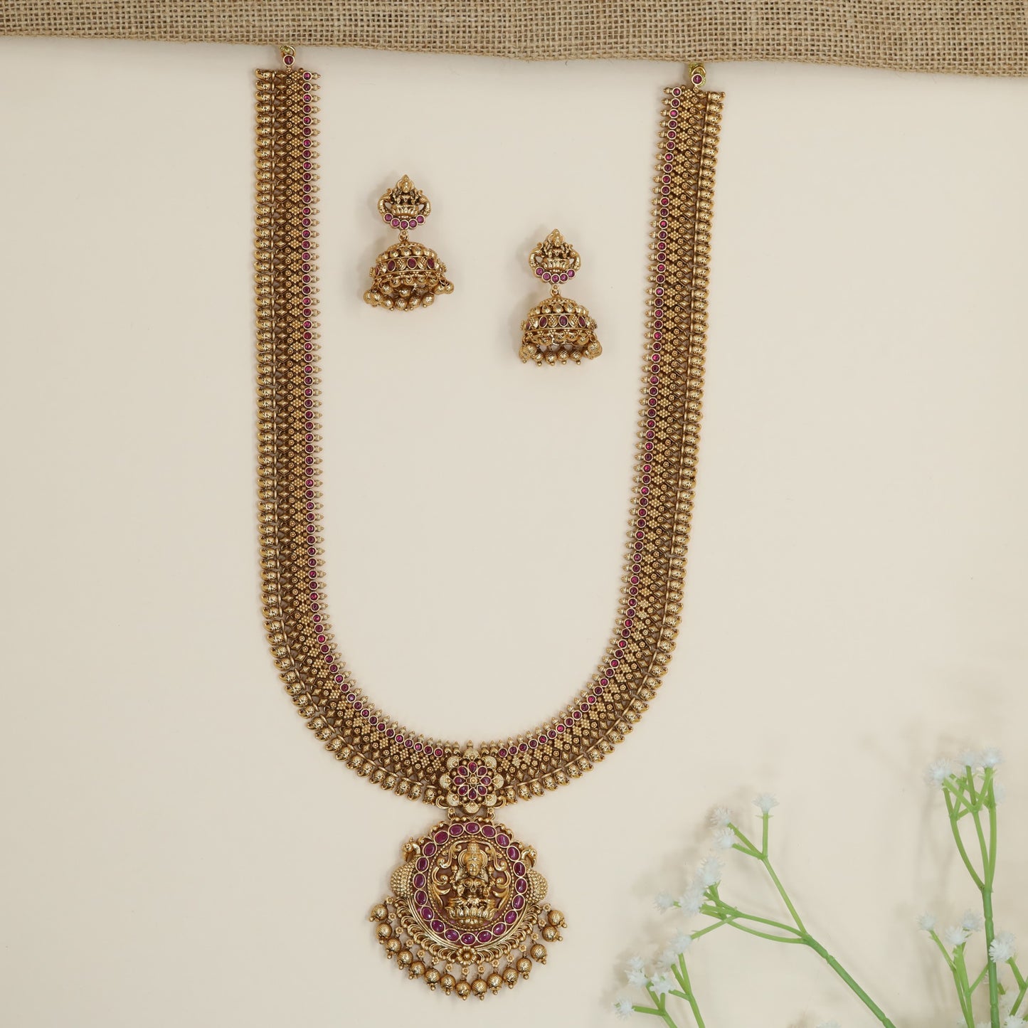 Temple Style Long Haara with Sculpted Lakshmi Pendant Detailing