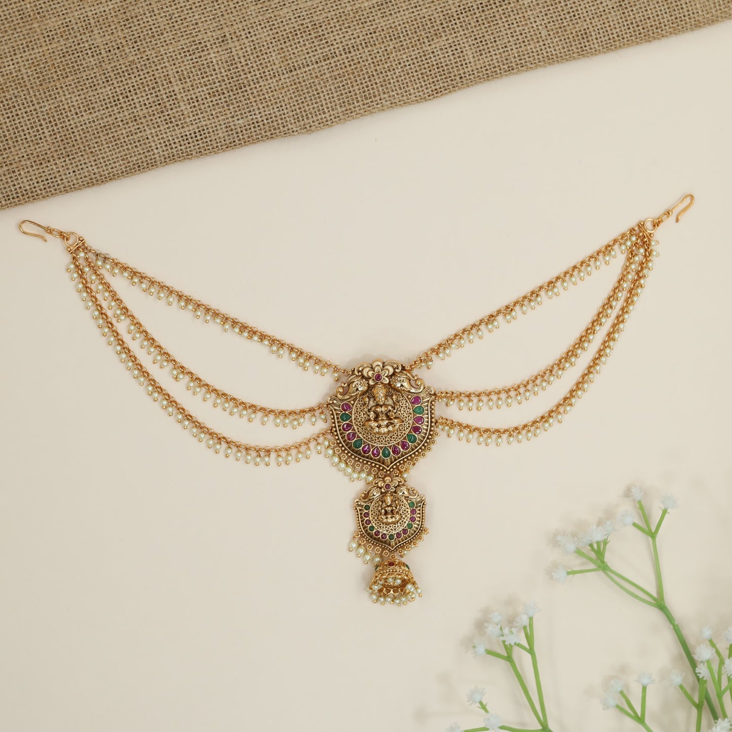 Antique Lakshmi Bille and Maang Tikka with Layered Pearl Drapes