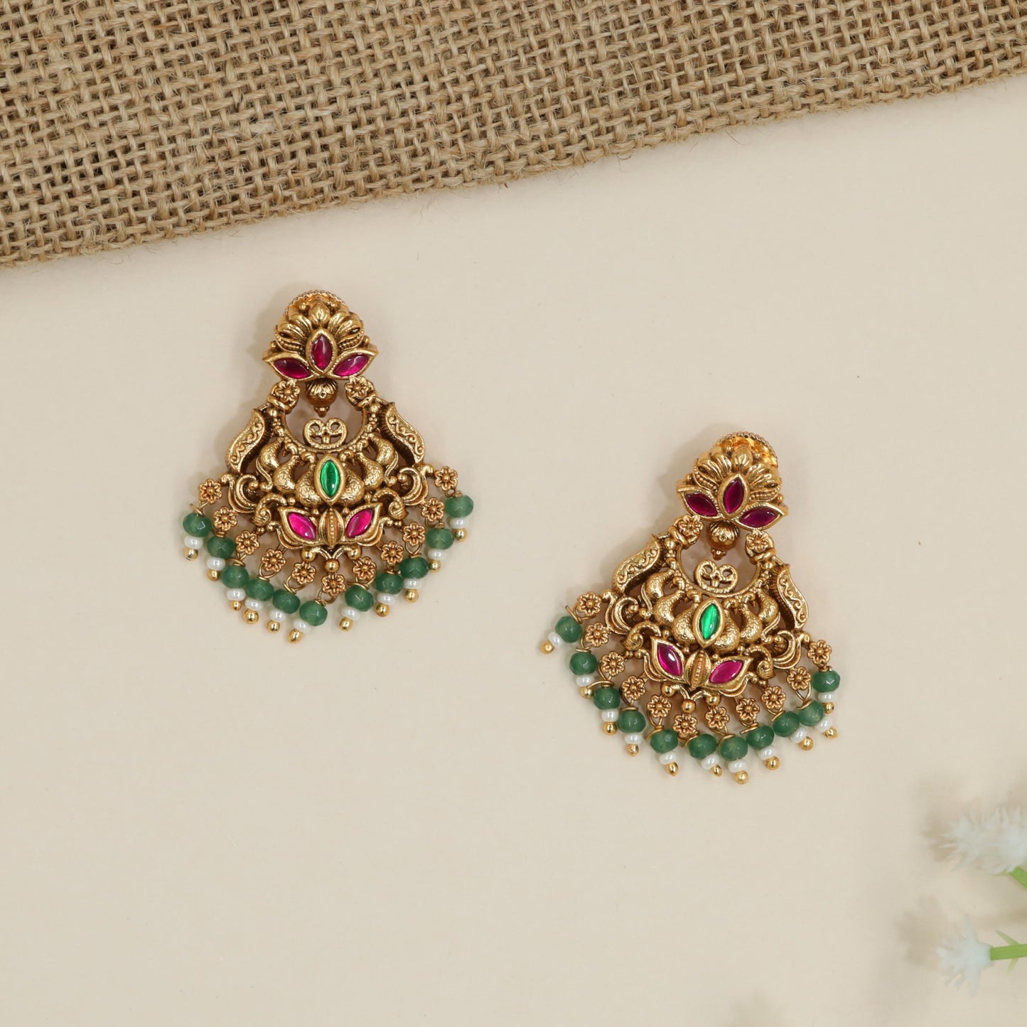 Antique Floral Hanging Earrings with Jade Bead Fringe Detailing