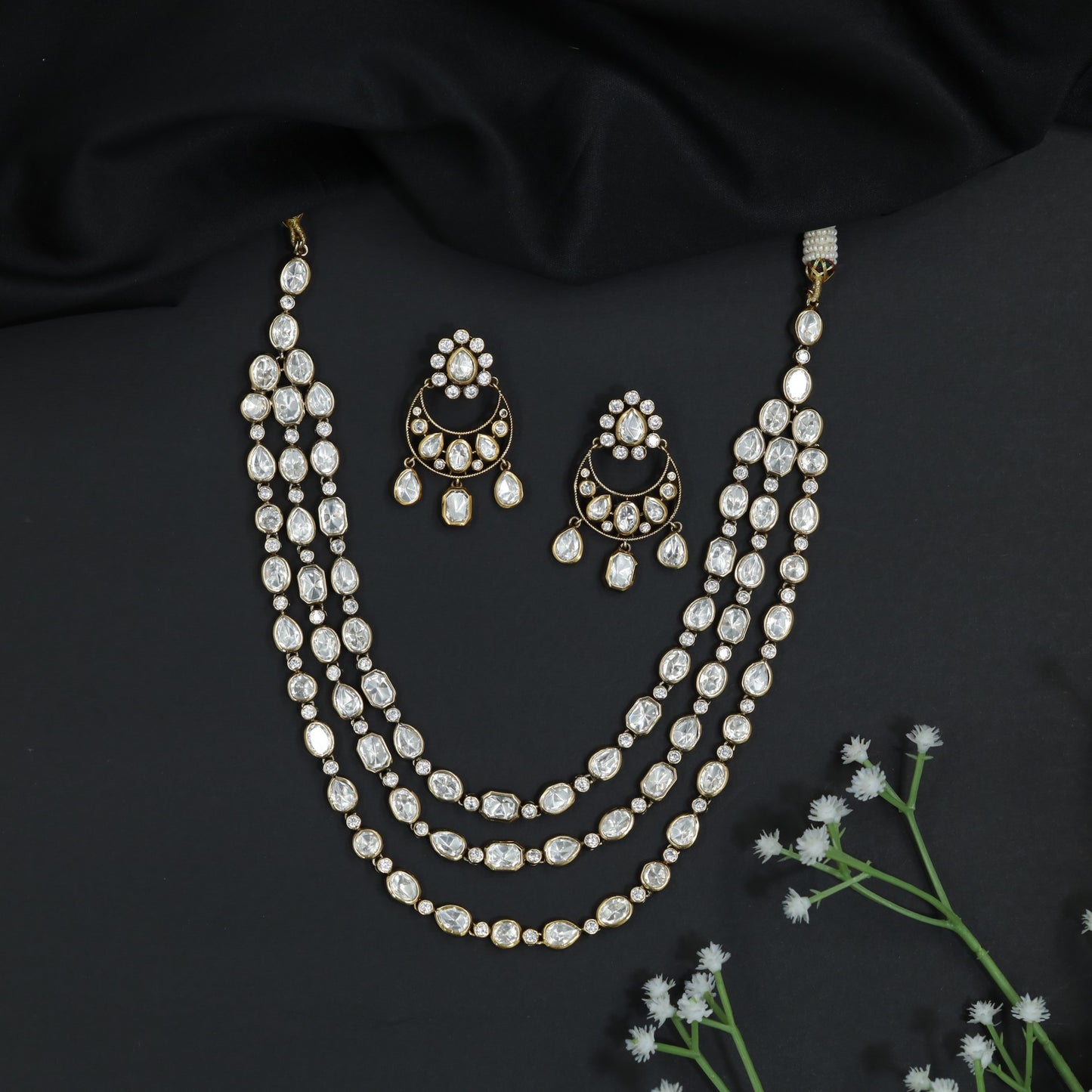 Three Layer Kundan Necklace Set with Chandbali Style Earrings