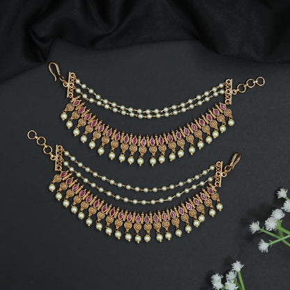 Antique Pearl Mati with Layered Pearl Drapes and Ruby Motif Border