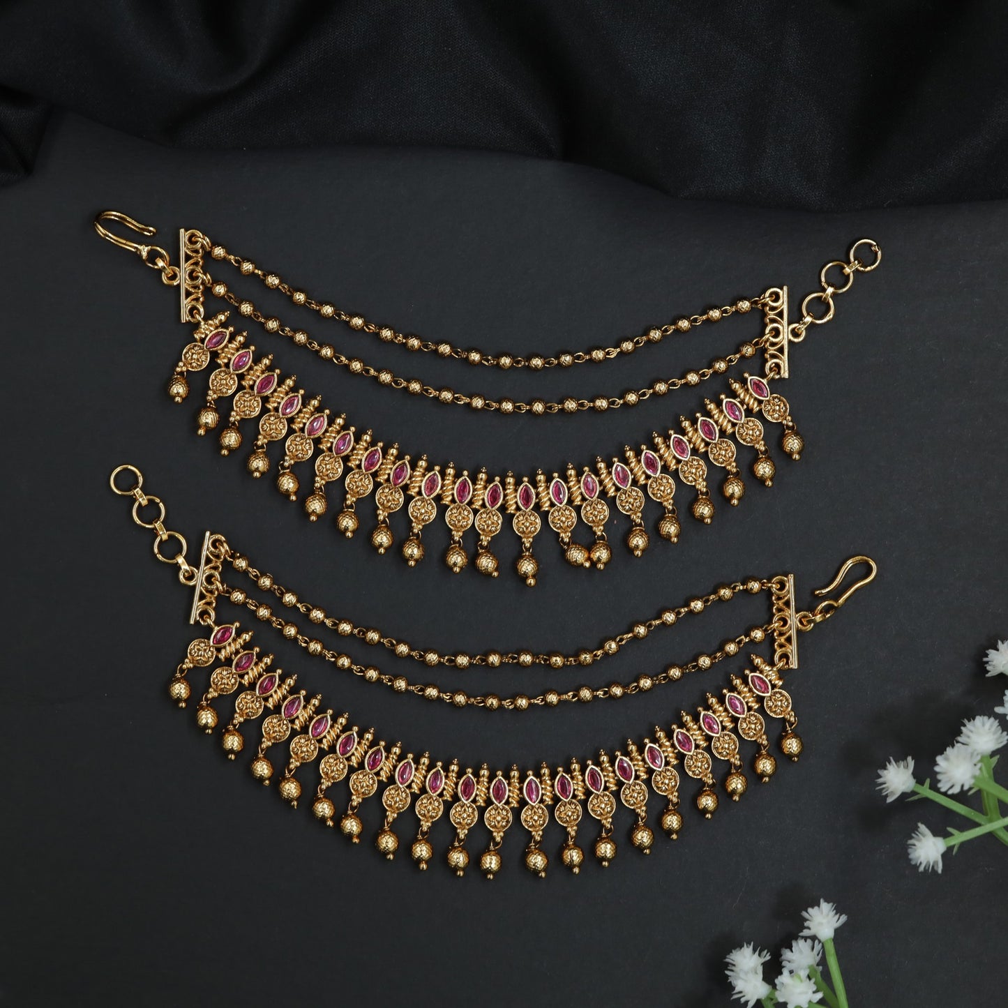 Antique Pearl Mati with Layered Pearl Drapes and Ruby Motif Border